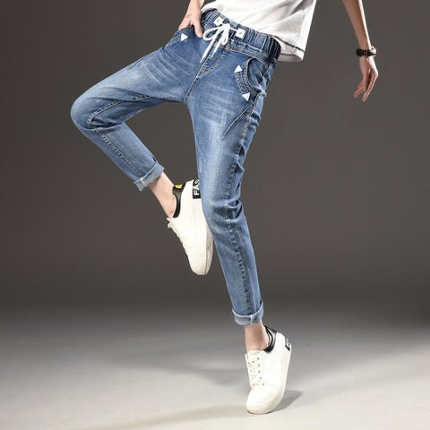 women's jeans girls fashion trousers black Jeans Elastic Waistband woman full loose denim pants boyfriends Cheap wholesale