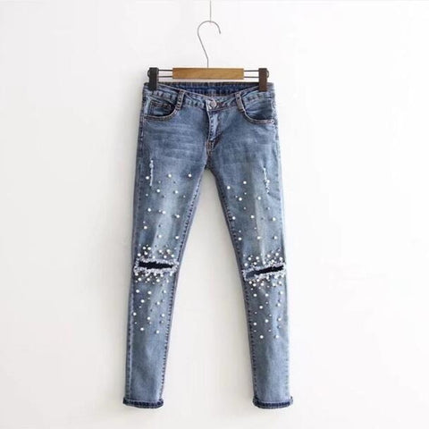 Zebery Light Blue Scratched Hole Jeans Woman Tight Trousers Pearl Decoration Fashion Retro Jeans For Women's Clothing