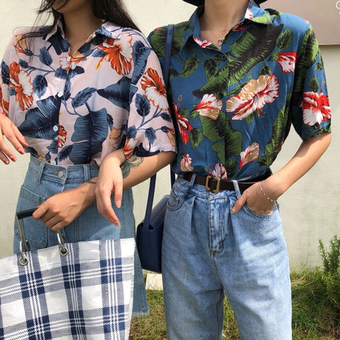 Harajuku Women Blouse and Tops Printed Vintage Korean Short Sleeve Casual blusas Hawaiian Beach female lady shirts
