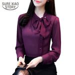 2018 new bow neck women's clothing spring long-sleeved chiffon women blouse shirt solid purple formal women tops blusas D304 30
