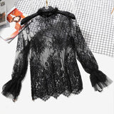 Women's Lace Ruffled Transparent Blouse Shirt Long Sleeve Crochet Black Spring Shirts Women 2019 Summer Sexy Blouses And Tops