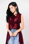 Sexy Summer Women's See through Tops Shirt Solid Black Burgundy Bowknot Mesh Sheer Sleeveless Irregular Blouse Shirts